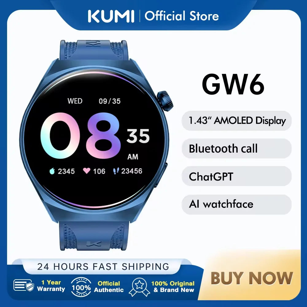 Smartwatch KUMI-GW6 1,43 "Tela AMOLED, Chamada Bluetooth, IP68 Á Prova D 'Água, NFC, +100 Esporte